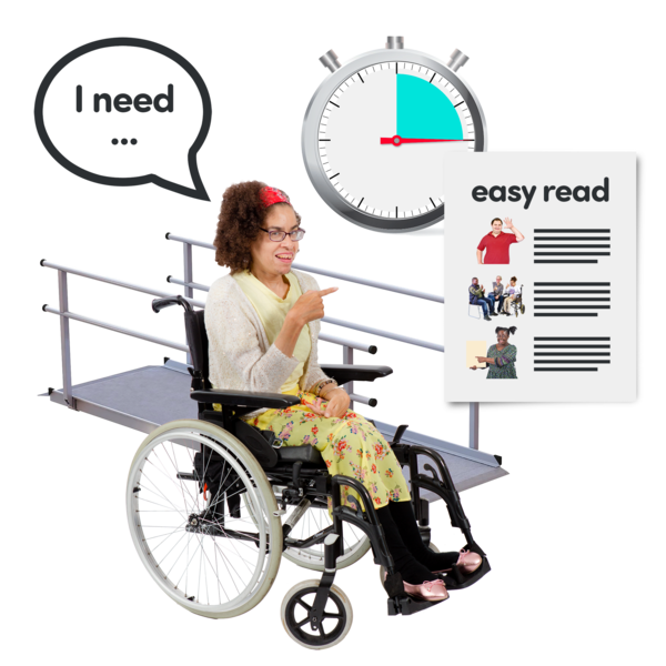 Woman in wheelchair with speech bubble above her head that says 'I need...'. She is pointing at a piece of paper that says 'easy read'