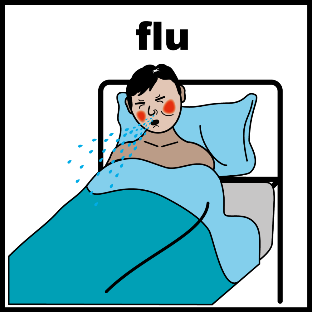 Graphic shows child in bed. He is sneezing.