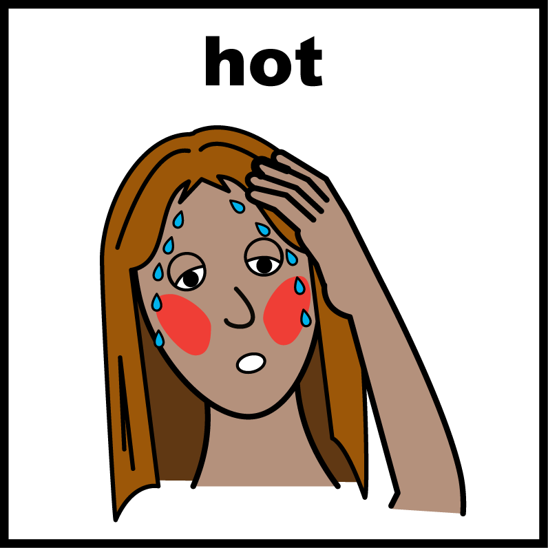 graphic. Woman with red cheeks and sweat on her face. Text above reads: Hot