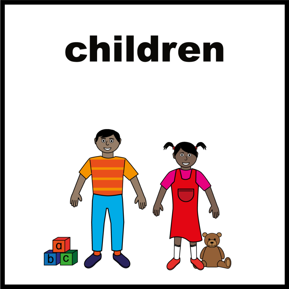 Graphic of two children standing next to each other with toys